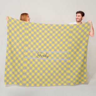 Modern Plaid Checked Yellow & Grey Fleece Blanket