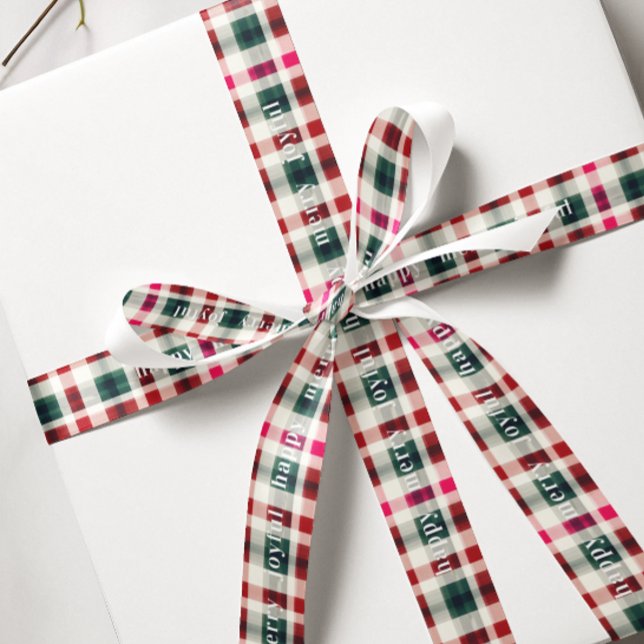 Modern Plaid Christmas | Happy Merry Joyful Grosgrain Ribbon (Creator Uploaded)
