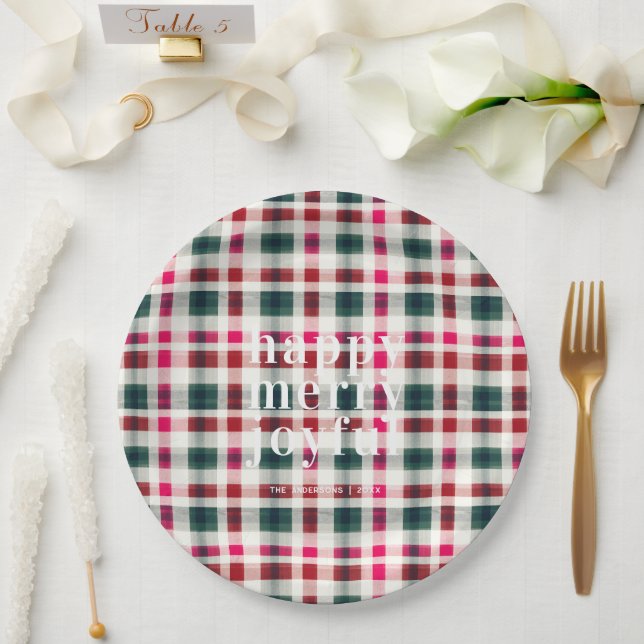 Modern Plaid Christmas | Happy Merry Joyful Paper Plate (Wedding)