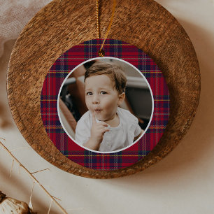 Modern Plaid Christmas Photo Ceramic Ornament