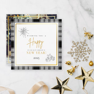 Modern Plaid Fireworks Back Side Photo New Years Card