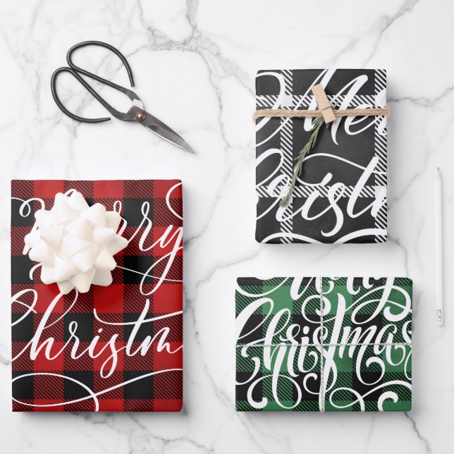 Modern Plaid Gingham Merry Christmas Holiday Wrapping Paper Sheet (Front)