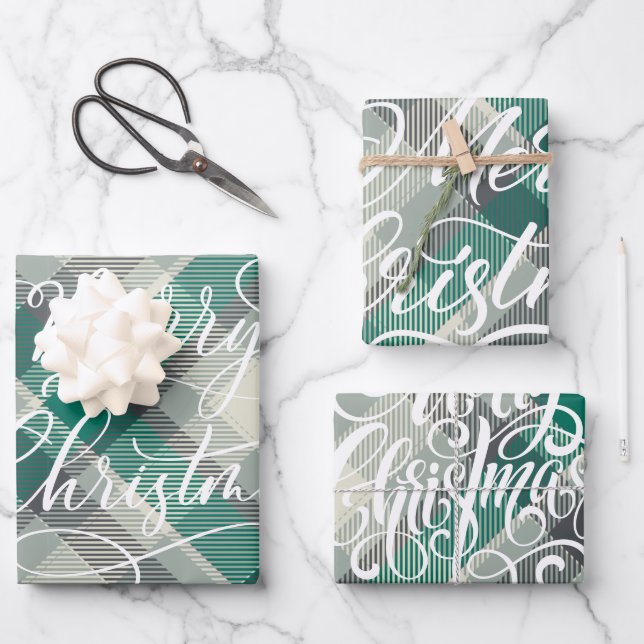 Modern Plaid Gingham Merry Christmas Holiday Wrapping Paper Sheet (Front)