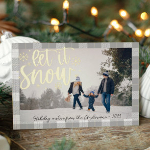 Modern Plaid Let It Snow Photo Foil Holiday Card