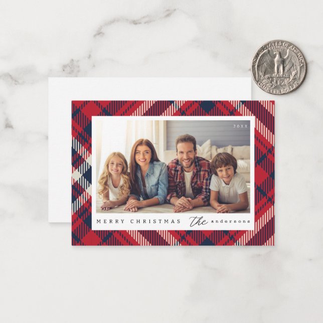 Modern Plaid Merry Christmas Custom Family Photo Card (Front/Back In Situ)
