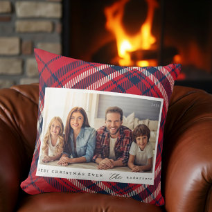 Modern Plaid Merry Christmas Custom Family Photo Cushion