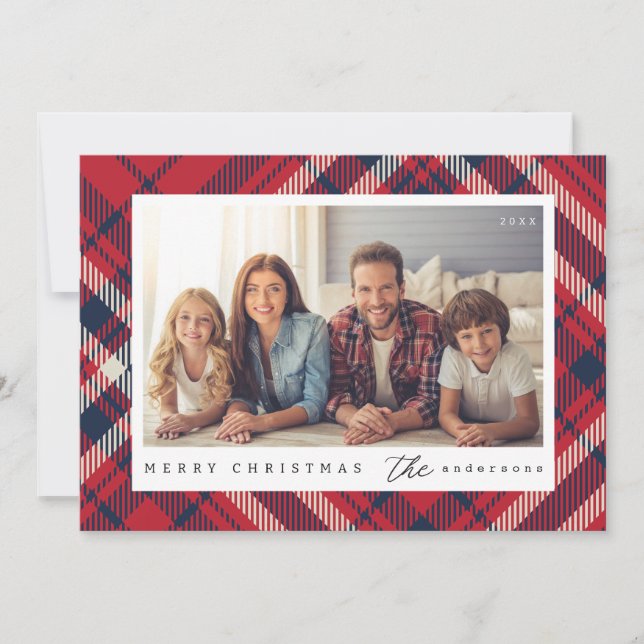 Modern Plaid Merry Christmas Custom Family Photo Holiday Card (Front)