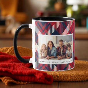 Modern Plaid Merry Christmas Custom Family Photo Mug