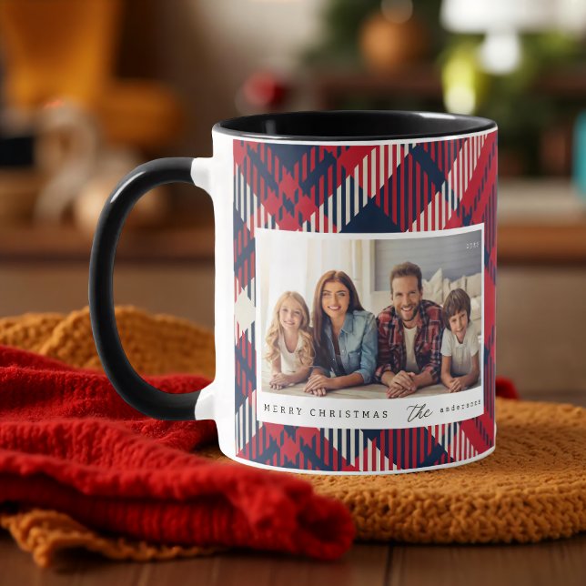 Modern Plaid Merry Christmas Custom Family Photo Mug (Creator Uploaded)