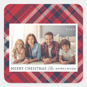 Modern Plaid Merry Christmas Custom Family Photo Square Sticker