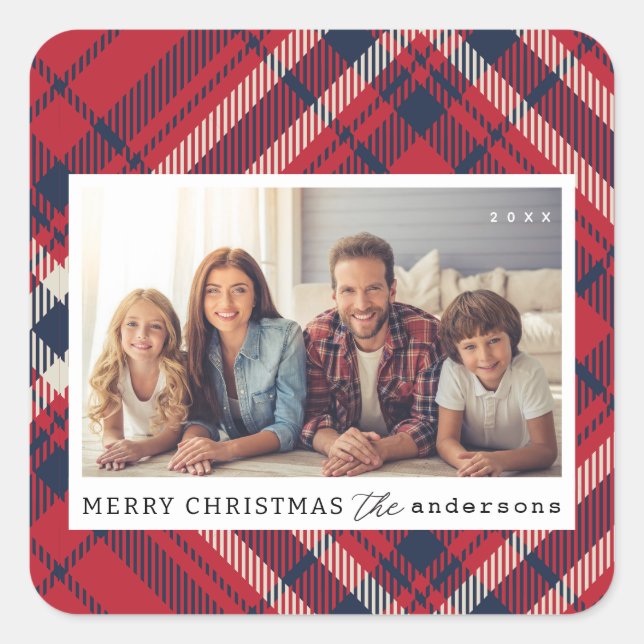 Modern Plaid Merry Christmas Custom Family Photo Square Sticker (Front)