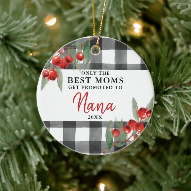 Modern Plaid Mum Promoted To Nana Personalised Ceramic Ornament (Tree)