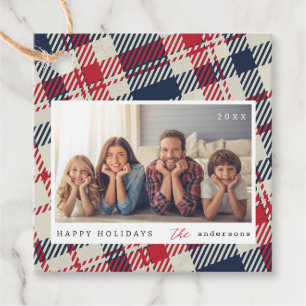 Modern Plaid Pattern Christmas Custom Family Photo Favour Tags