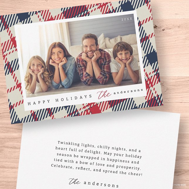 Modern Plaid Pattern Christmas Custom Family Photo Holiday Card (Creator Uploaded)