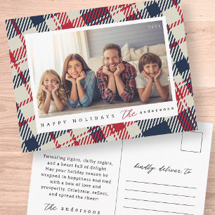 Modern Plaid Pattern Christmas Custom Family Photo Postcard