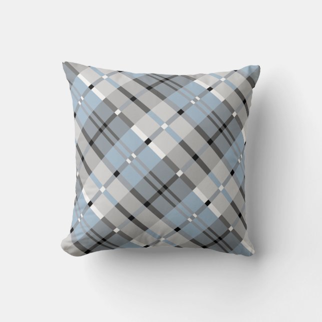 Modern Plaid Pattern in Grey and Sky Blue Cushion (Front)