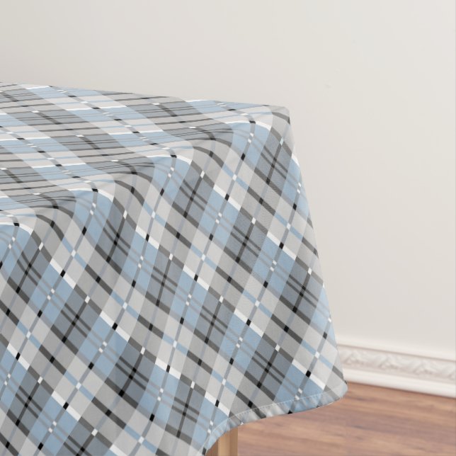 Modern Plaid Pattern Light Blue and Grey Tablecloth (In Situ)