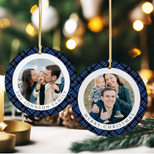 Modern Plaid Photo Christmas Ceramic Ornament