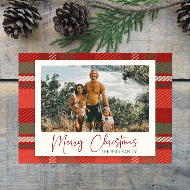Modern Plaid Red Custom Family Photo Christmas Holiday Card (Creator Uploaded)