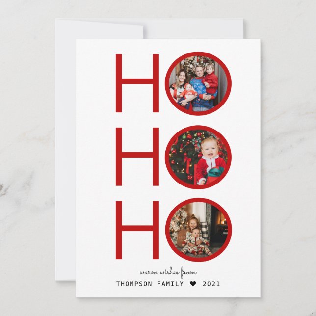 Modern Plaid Red Ho Ho Ho 3 Photo Holiday Card (Front)