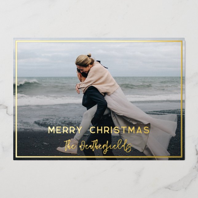 Modern Plaid Rustic Newlyweds Photo Gold Foil Holiday Card (Front)
