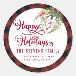 Modern plaid script Happy Holidays red holly Classic Round Sticker