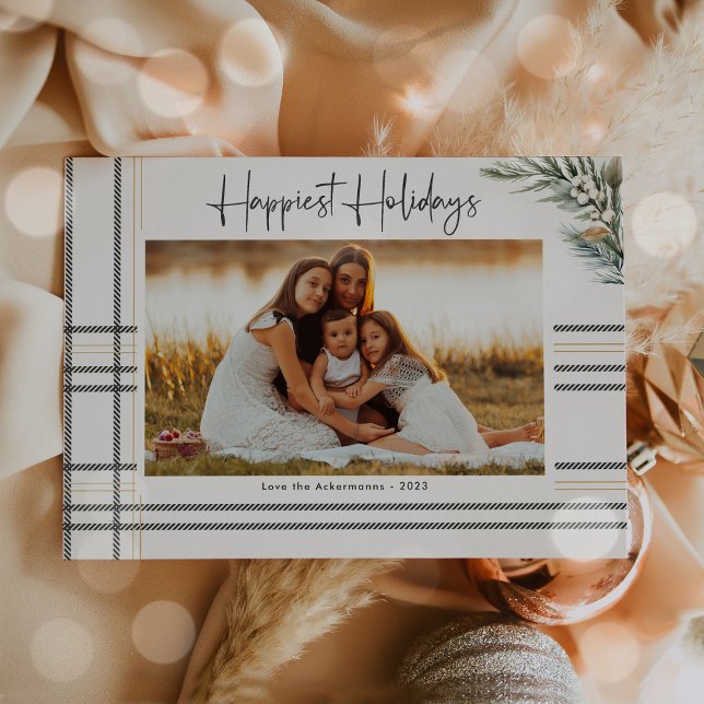 Modern Plaid Scripted Christmas Holiday Photo Card (Creator Uploaded)