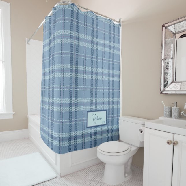 Modern Plaid Sky Blue Shower Curtain (In Situ)
