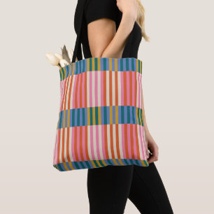 Modern Plaid Striped Orange, Pink, Blue, Green Tote Bag