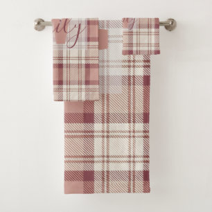 Modern Plaid Tartan Pink Cream Monogram Bath Towel Set