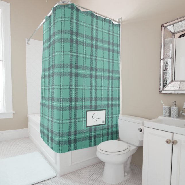 Modern Plaid Teal Shower Curtain (In Situ)