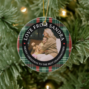 Modern Plaid Wreath Grandmother Photo Christmas Ceramic Ornament