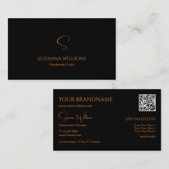 Modern Plain Black Orange with Monogram QR-Code Business Card (Front/Back)