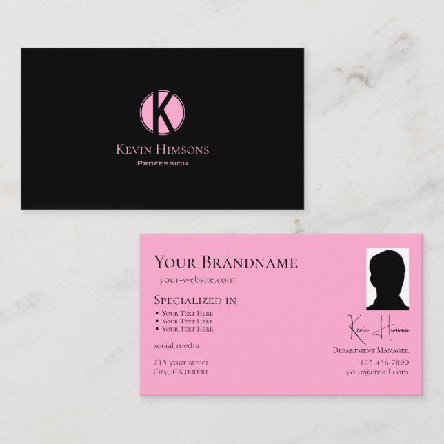 Modern Plain Black Pink with Monogram and Photo Business Card (Front/Back)