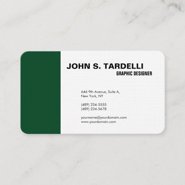 Modern Plain Elegant Minimalist Forest Green White Business Card (Front)