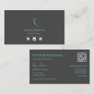 Modern Plain Gray with Monogram QR-Code and Jewels Business Card
