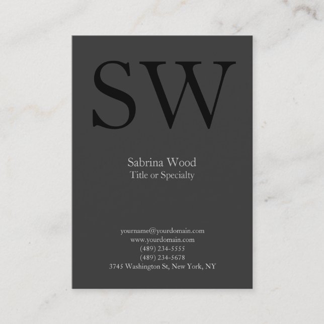 Modern plain grey black monogram business card (Front)