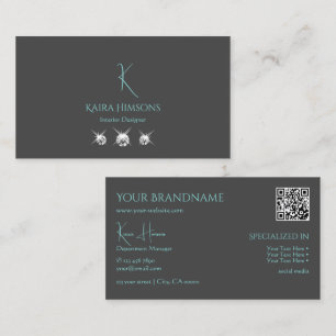 Modern Plain Grey with Monogram QR-Code and Jewels Business Card