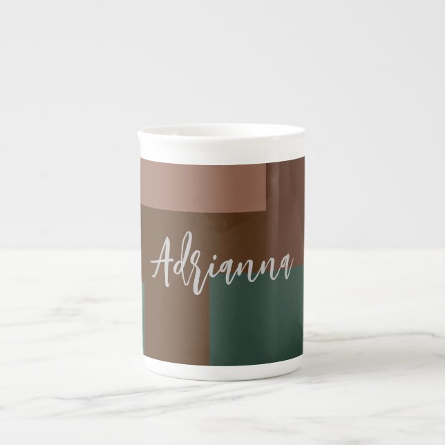 Modern Plain Handwritten Own Name Brown Green Bone China Mug (Front)