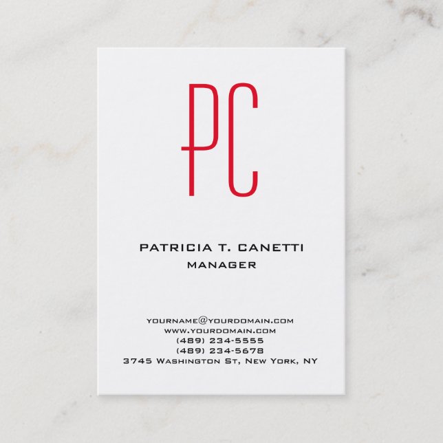 Modern plain minimalist black white red monogram business card (Front)