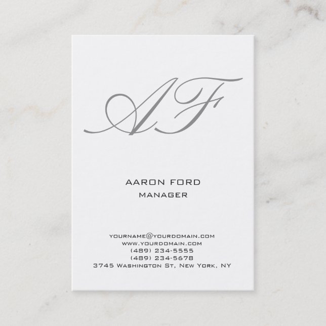 Modern plain minimalist white grey monogram business card (Front)
