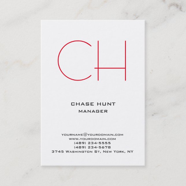 Modern plain minimalist white red monogram business card (Front)