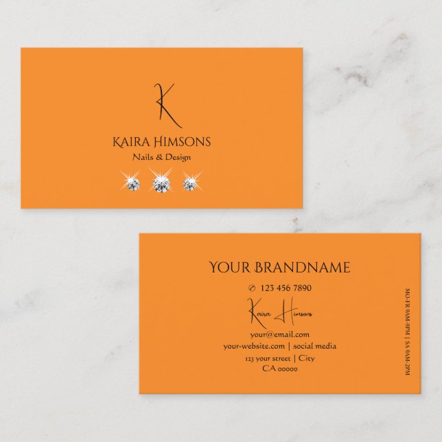 Modern Plain Orange with Monogram and Luxe Jewels Business Card (Front/Back)