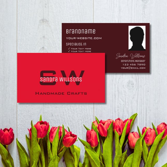 Modern Plain Red Burgundy with Monogram and Photo Business Card (Creator Uploaded)