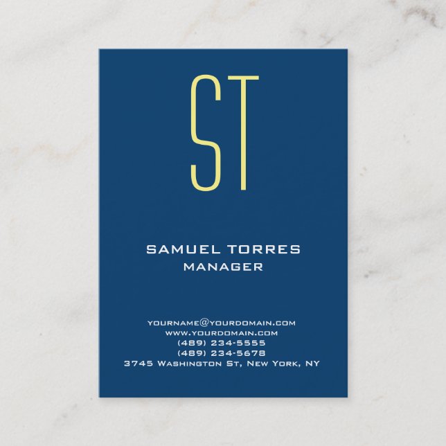 Modern plain simple blue yellow monogram business card (Front)