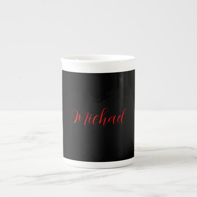 Modern plain simple minimalist add name black red bone china mug (Front)