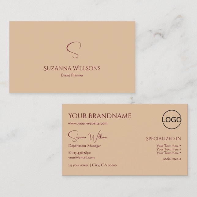 Modern Plain Tan Beige with Monogram and Logo Chic Business Card (Front/Back)