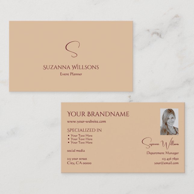 Modern Plain Tan Beige with Monogram and Photo Business Card (Front/Back)