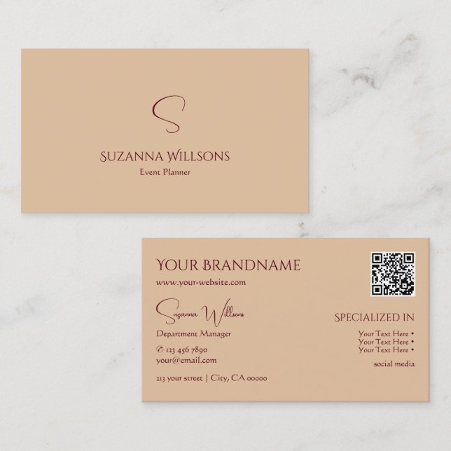 Modern Plain Tan Beige with Monogram and QR Code Business Card (Front/Back)