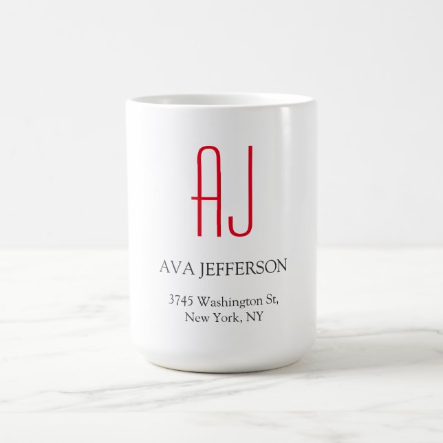 Modern plain vertical simple white red monogram coffee mug (Center)
